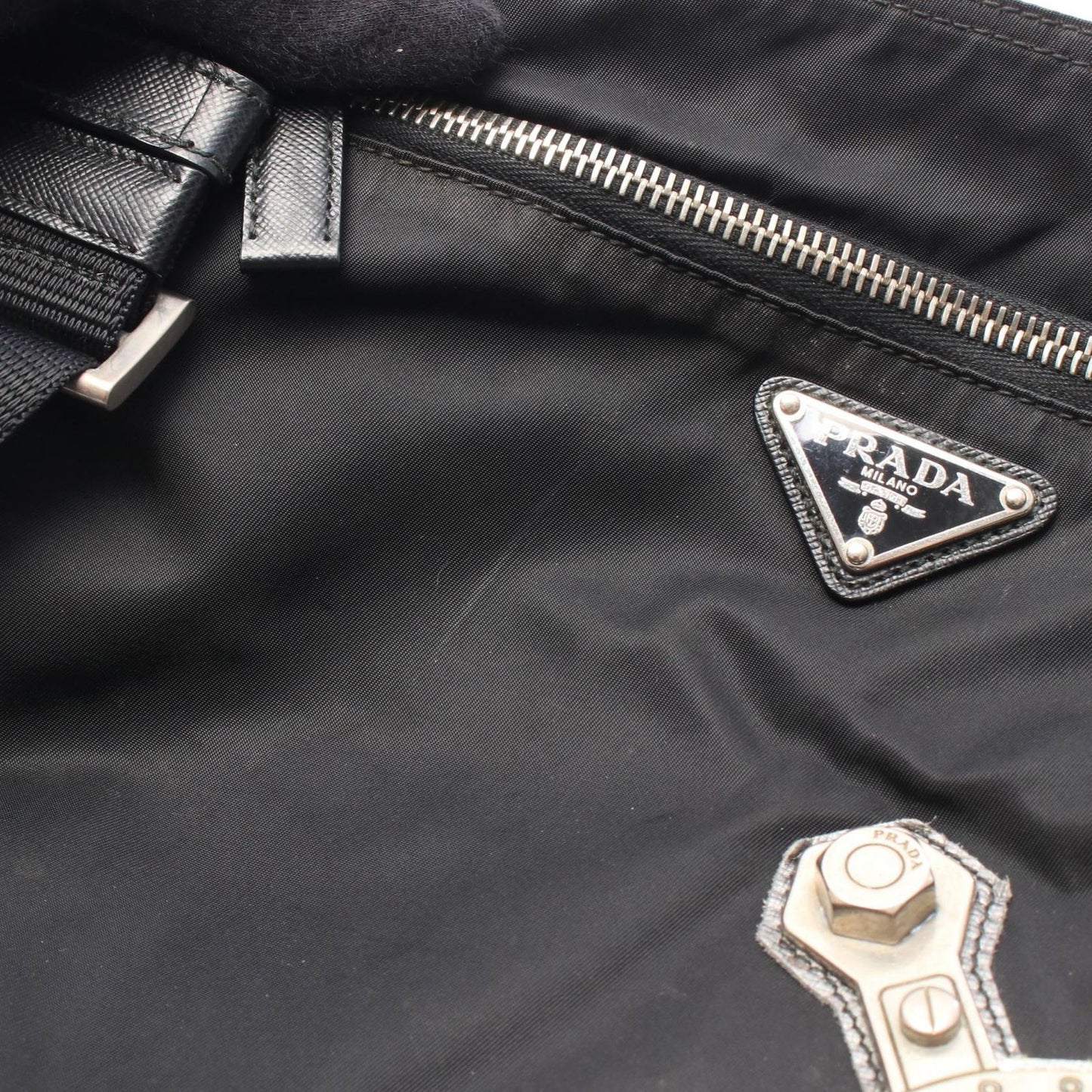 Prada Shoulder Bag Skull Studs Triangle Logo Black Silver Nylon Leather — view 6