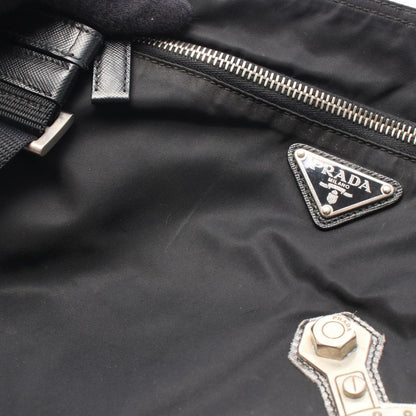 Prada Shoulder Bag Skull Studs Triangle Logo Black Silver Nylon Leather — view 6