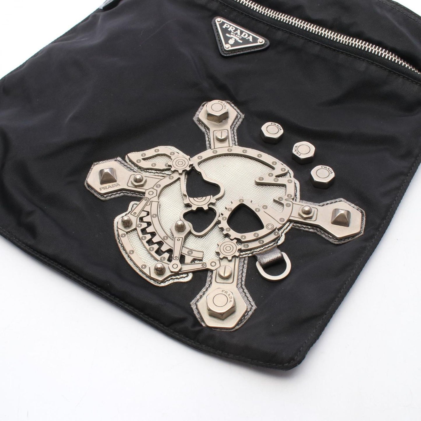 Prada Shoulder Bag Skull Studs Triangle Logo Black Silver Nylon Leather — view 7