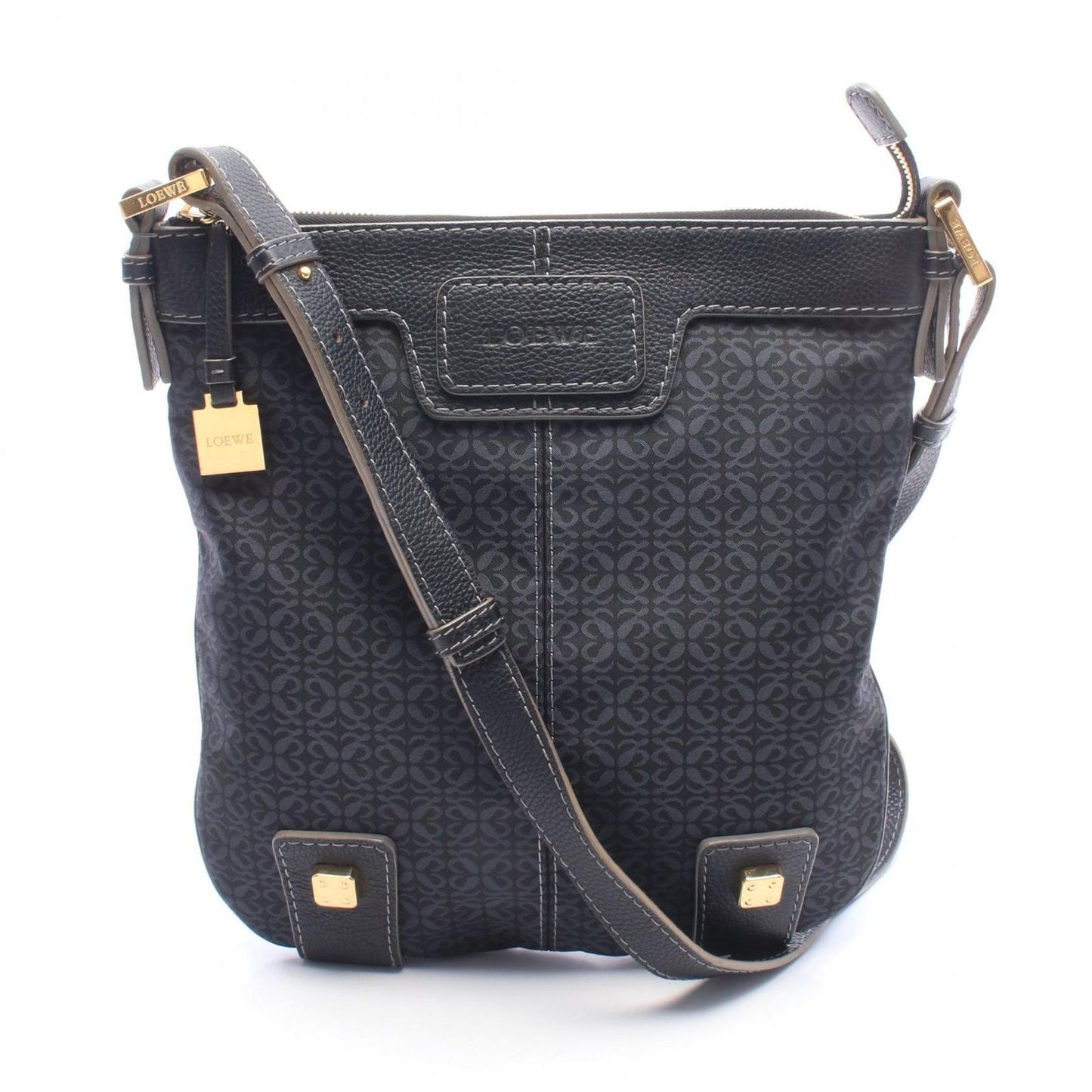 Loewe Shoulder Bag New Road Line Black Navy Canvas Leather