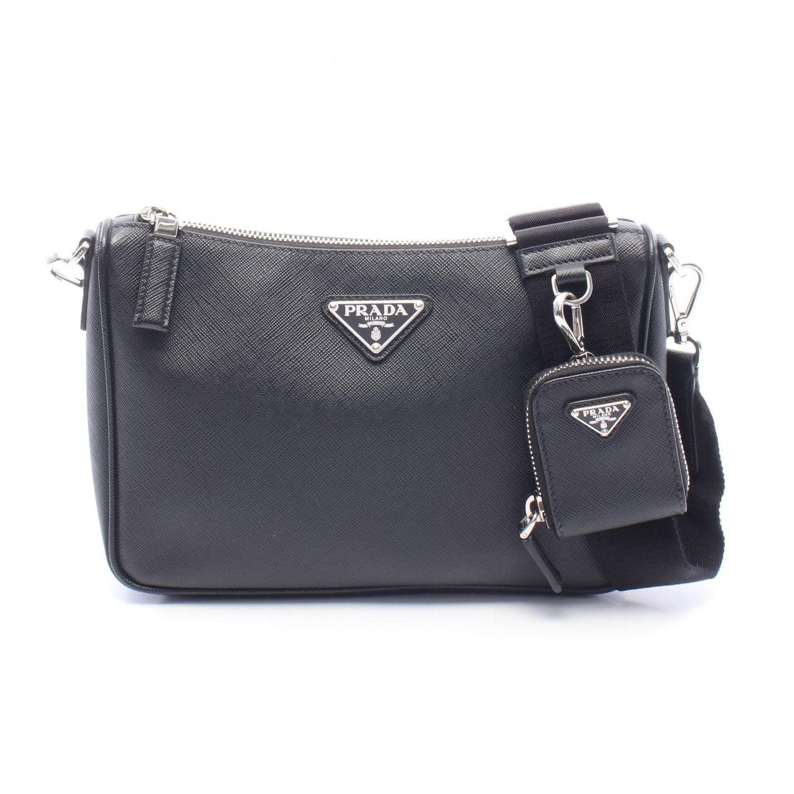 Prada Shoulder Bag Saffiano Travel Black Leather Triangle Logo