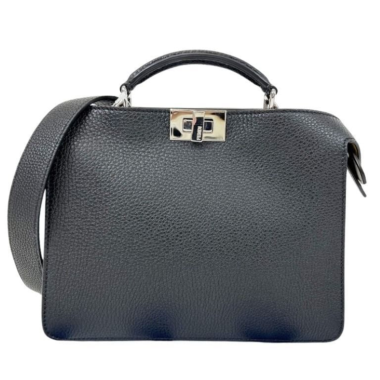 Fendi Selleria Peekaboo Icyu Small Black Leather 2-Way Shoulder Bag Silver