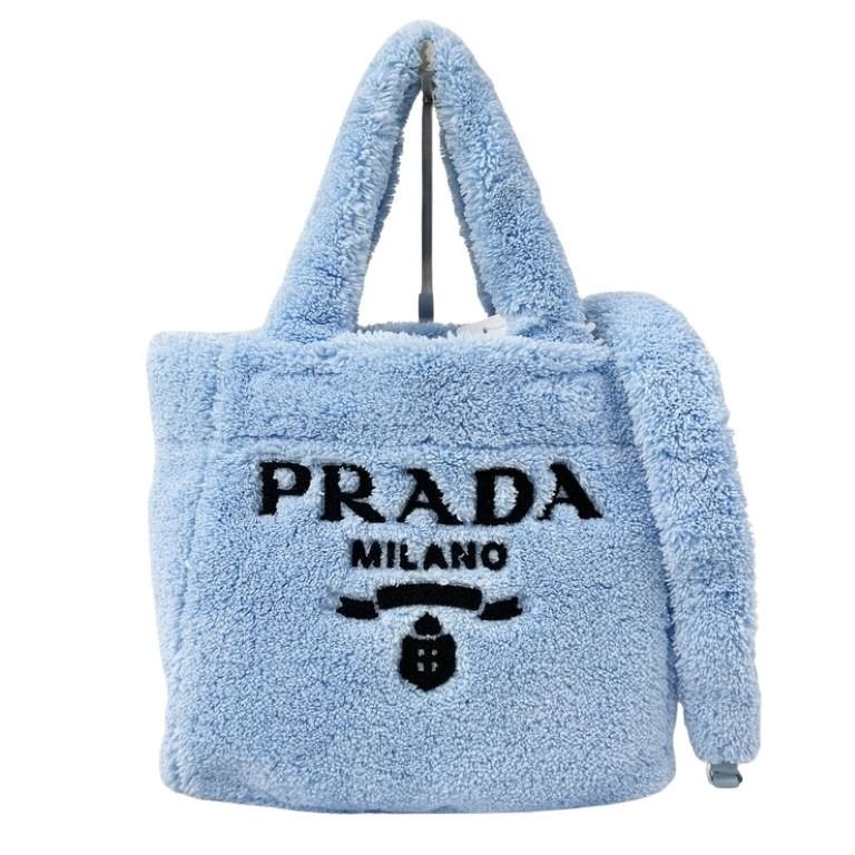 Prada Shearling Mini Tote Blue Pile 2-Way Shoulder Bag Silver