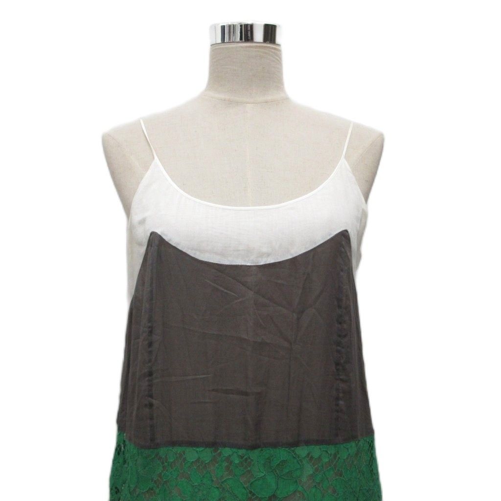 Prada Dress Sleeveless Calfskin Long Lace Contrast Green Gray White — view 4