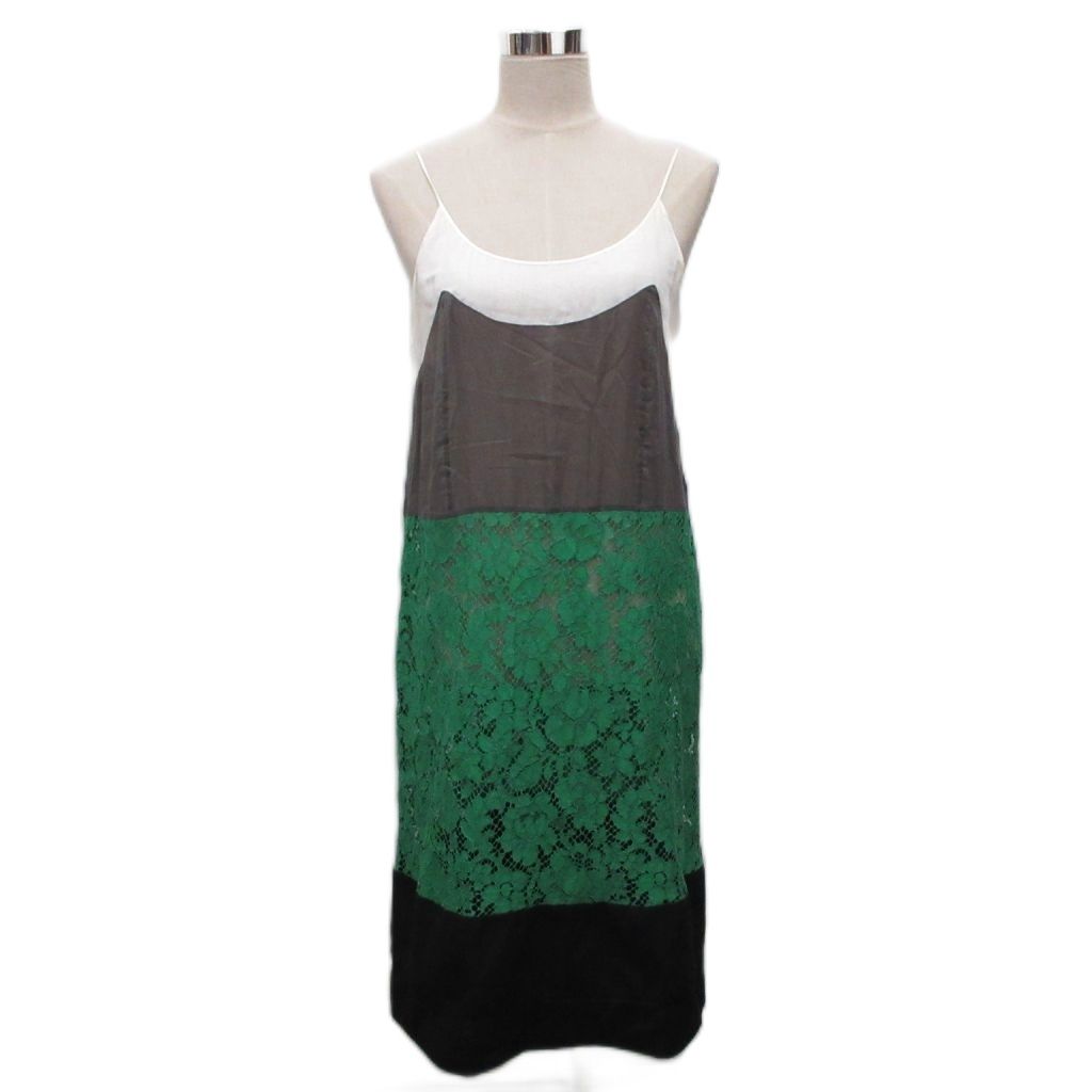 Prada Dress Sleeveless Calfskin Long Lace Contrast Green Gray White