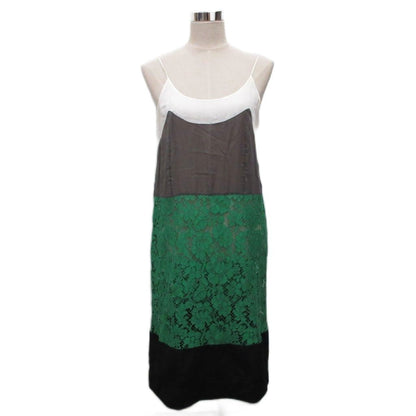 Prada Dress Sleeveless Calfskin Long Lace Contrast Green Gray White