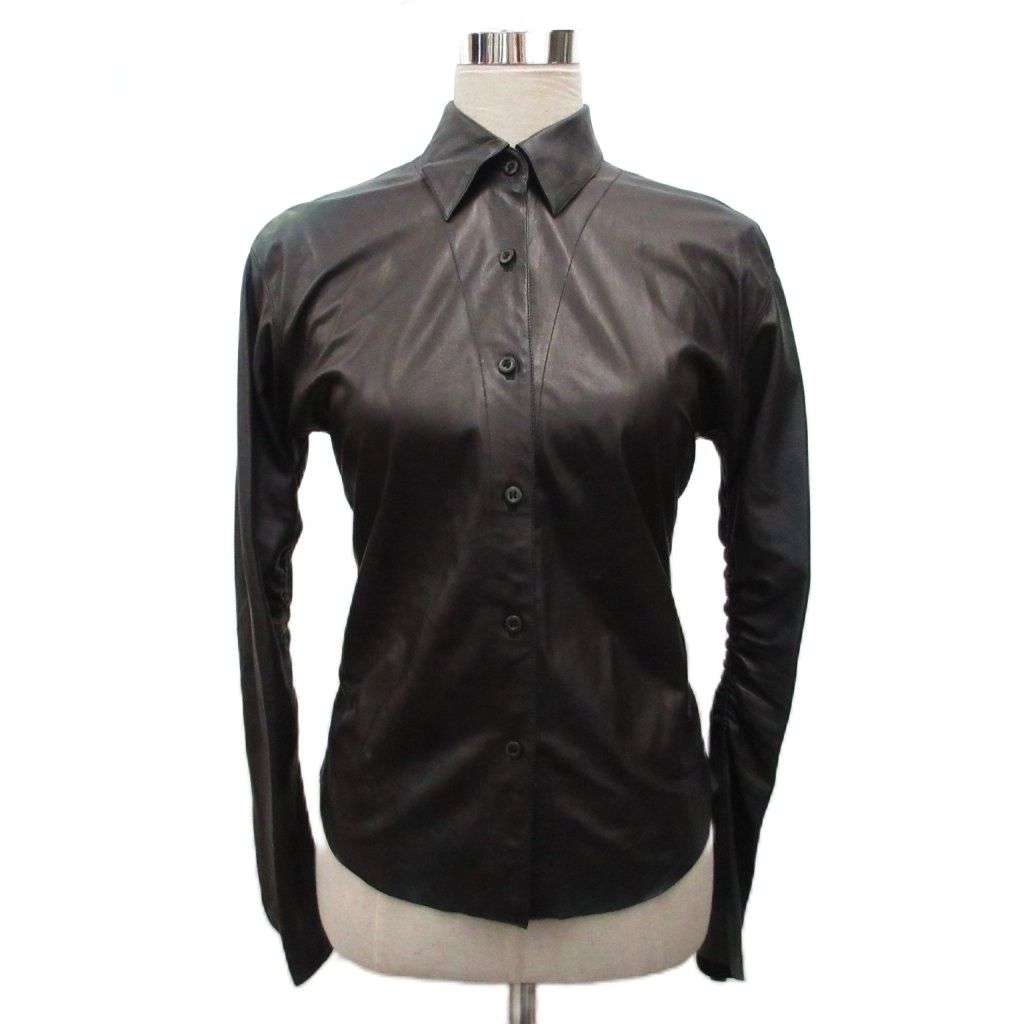 Prada Leather Shirt Long Sleeve Gathered Deformed Black 42