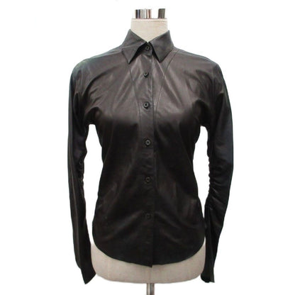 Prada Leather Shirt Long Sleeve Gathered Deformed Black 42