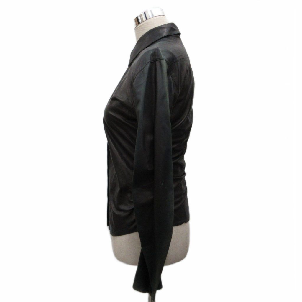 Prada Leather Shirt Long Sleeve Gathered Deformed Black 42 — view 3