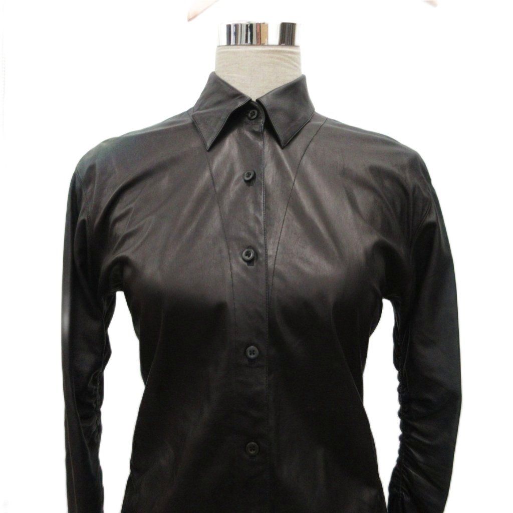 Prada Leather Shirt Long Sleeve Gathered Deformed Black 42 — view 4