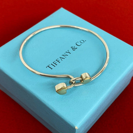 Tiffany & Co Vintage Solid Double Heart Hook Bangle Silver Gold Bracelet