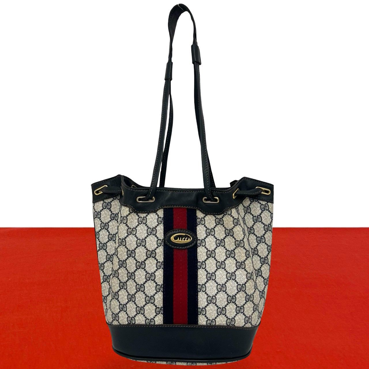 Gucci Vintage Sherry Line Logo Leather Shoulder Bag Tote Navy