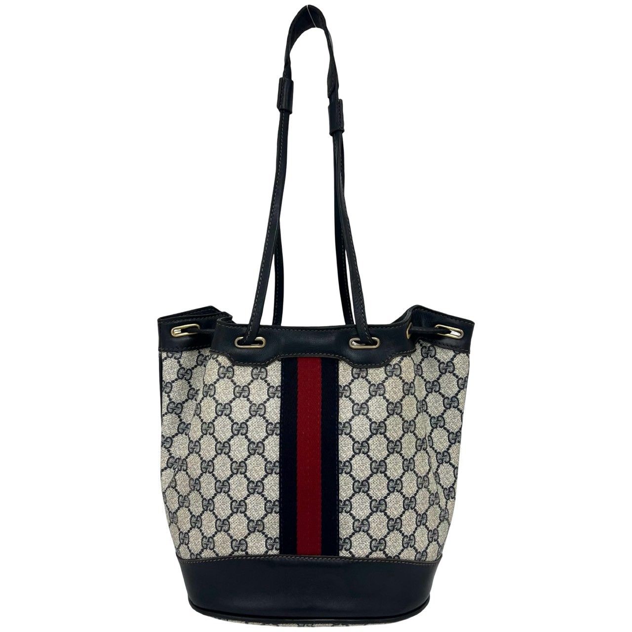 Gucci Vintage Sherry Line Logo Leather Shoulder Bag Tote Navy — view 3