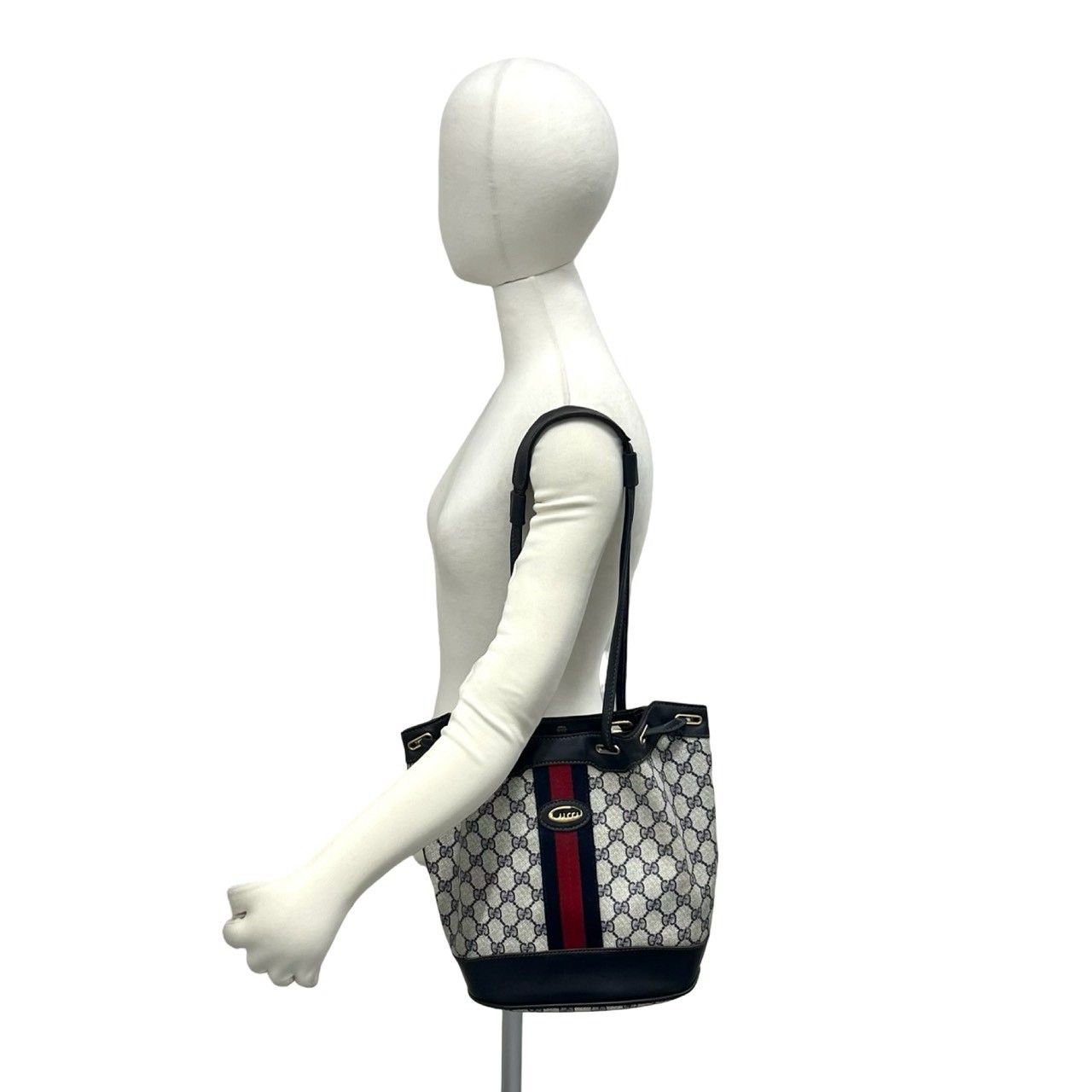 Gucci Vintage Sherry Line Logo Leather Shoulder Bag Tote Navy — view 2