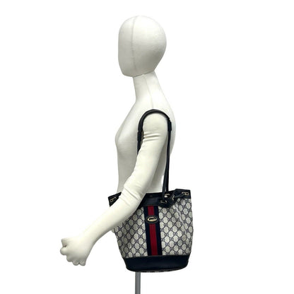 Gucci Vintage Sherry Line Logo Leather Shoulder Bag Tote Navy — view 2