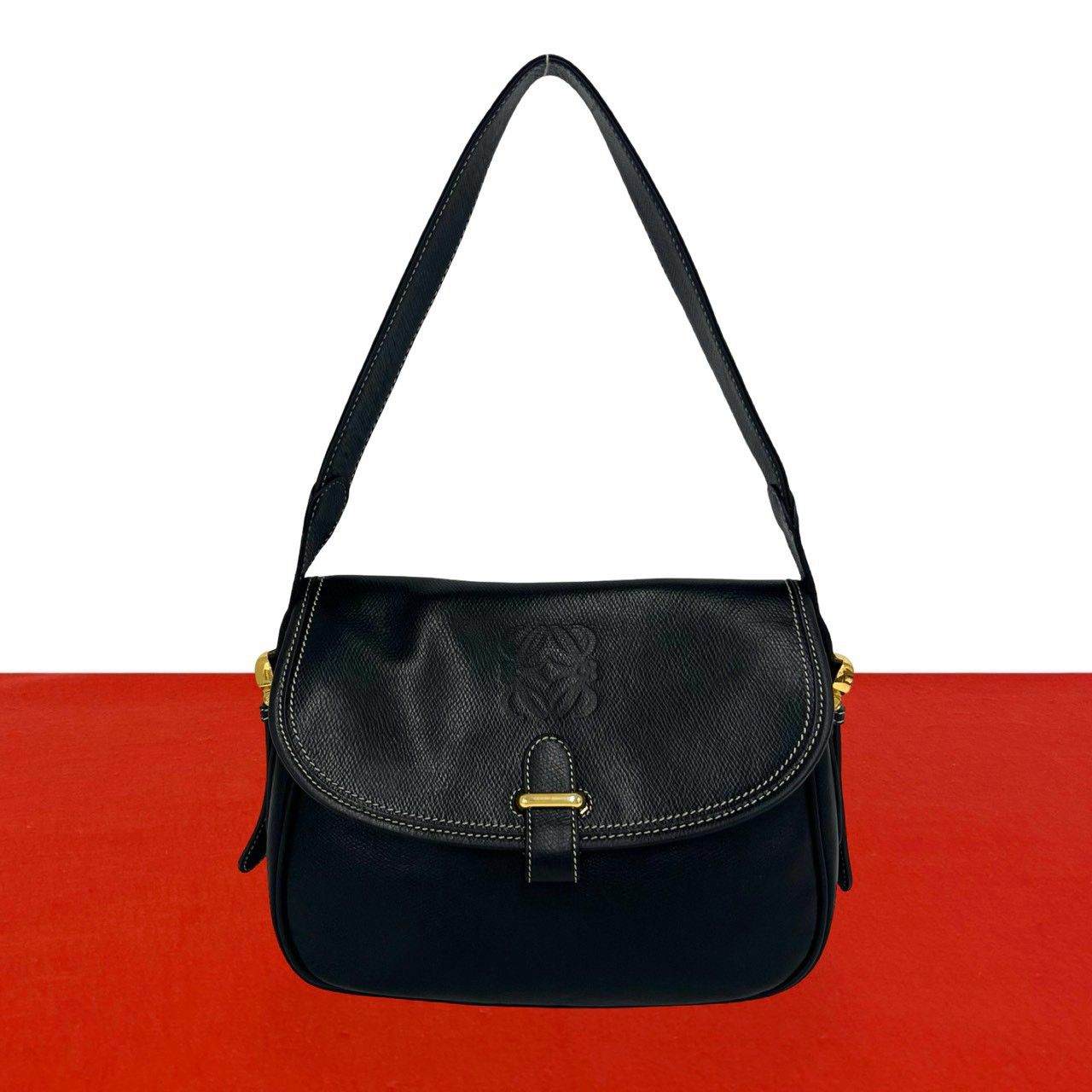 Loewe Vintage Anagram Logo Leather Shoulder Bag Black
