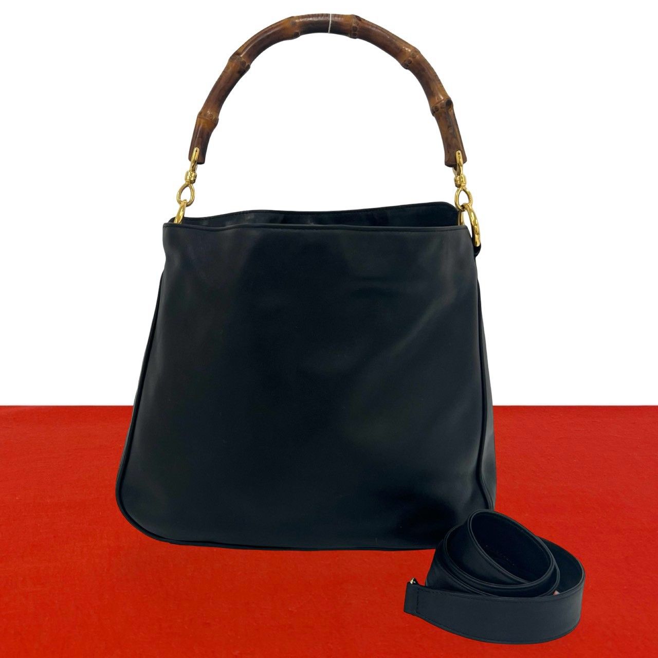 Gucci Vintage Bamboo Leather 2-Way Shoulder Bag Black