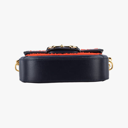Gucci Horsebit Orange Navy Tweed Leather Shoulder Bag — view 3