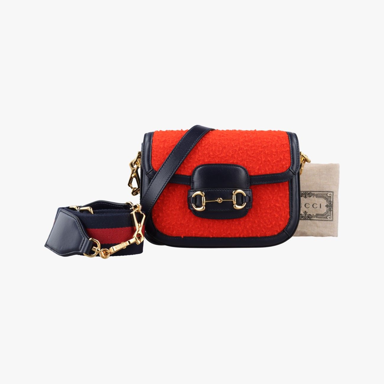 Gucci Horsebit Orange Navy Tweed Leather Shoulder Bag