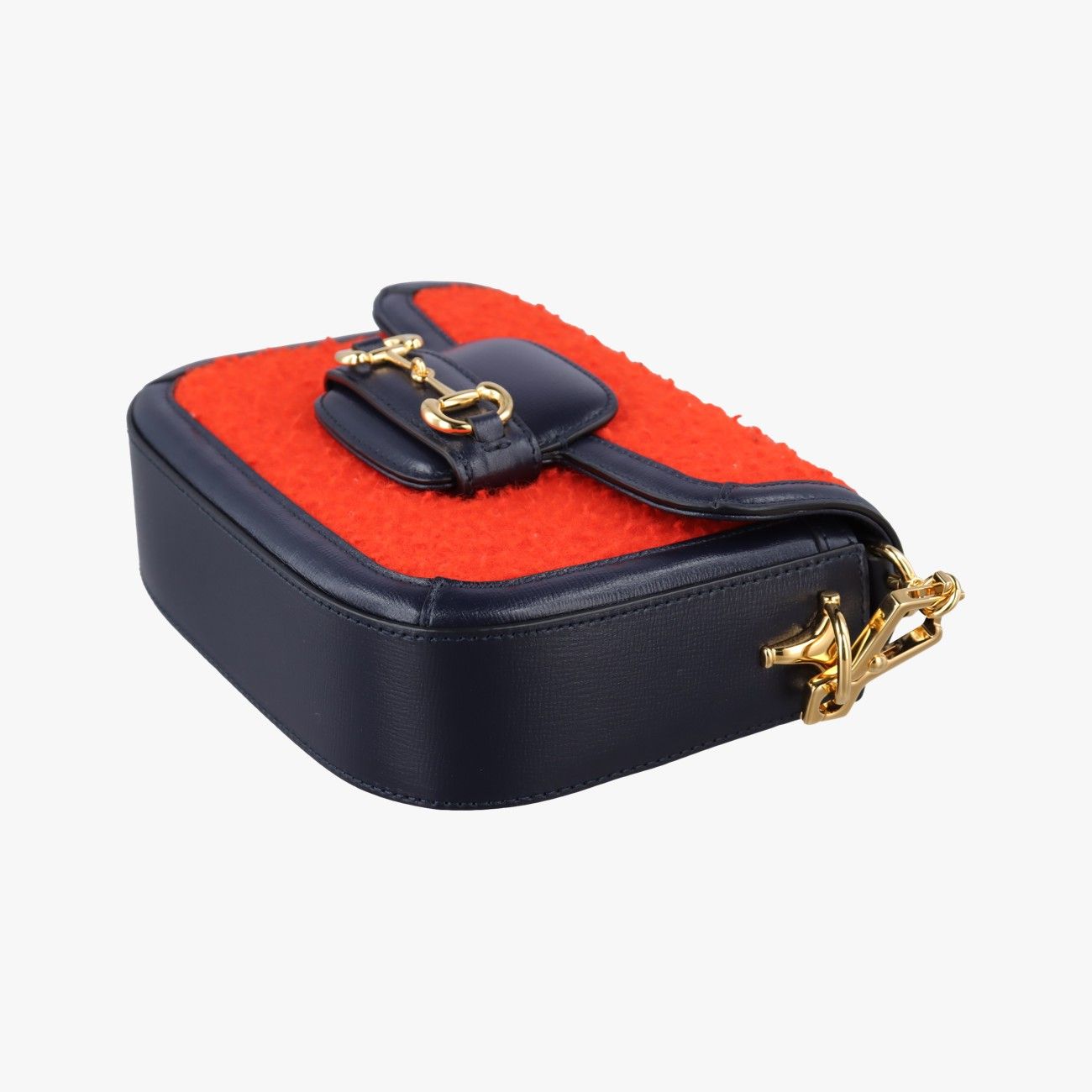 Gucci Horsebit Orange Navy Tweed Leather Shoulder Bag — view 4