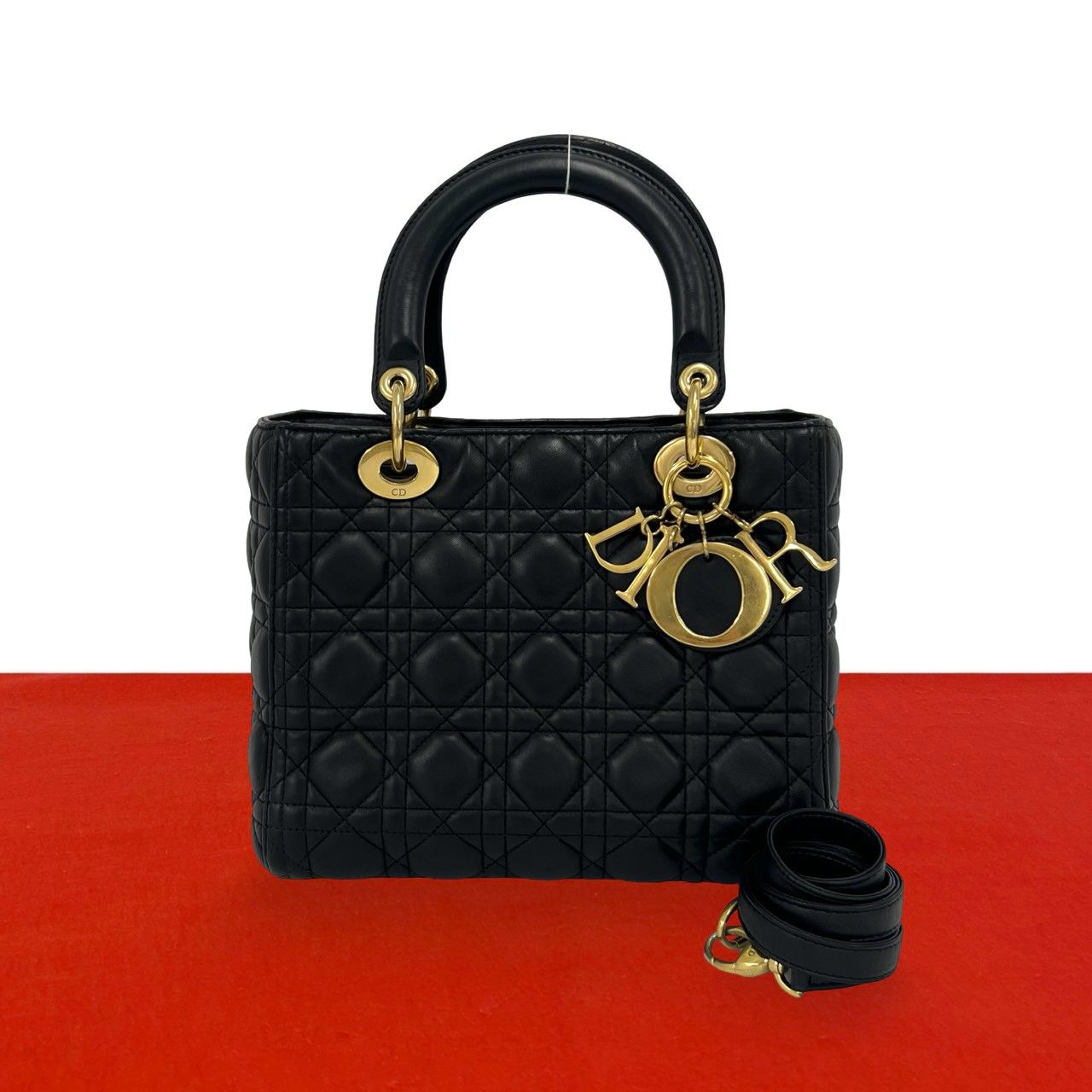 Dior Lady Dior Cannage Stitch Leather 2-Way Shoulder Bag Black