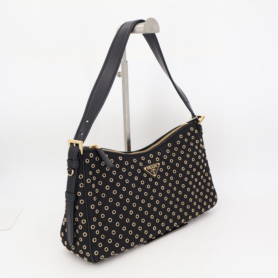 Prada Eme Eyelet Detail Large Re-Nylon Recycled Nylon Black Shoulder Bag