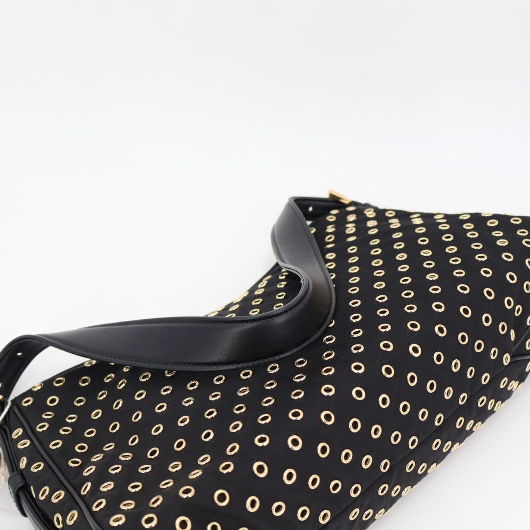 Prada Eme Eyelet Detail Large Re-Nylon Recycled Nylon Black Shoulder Bag — view 8