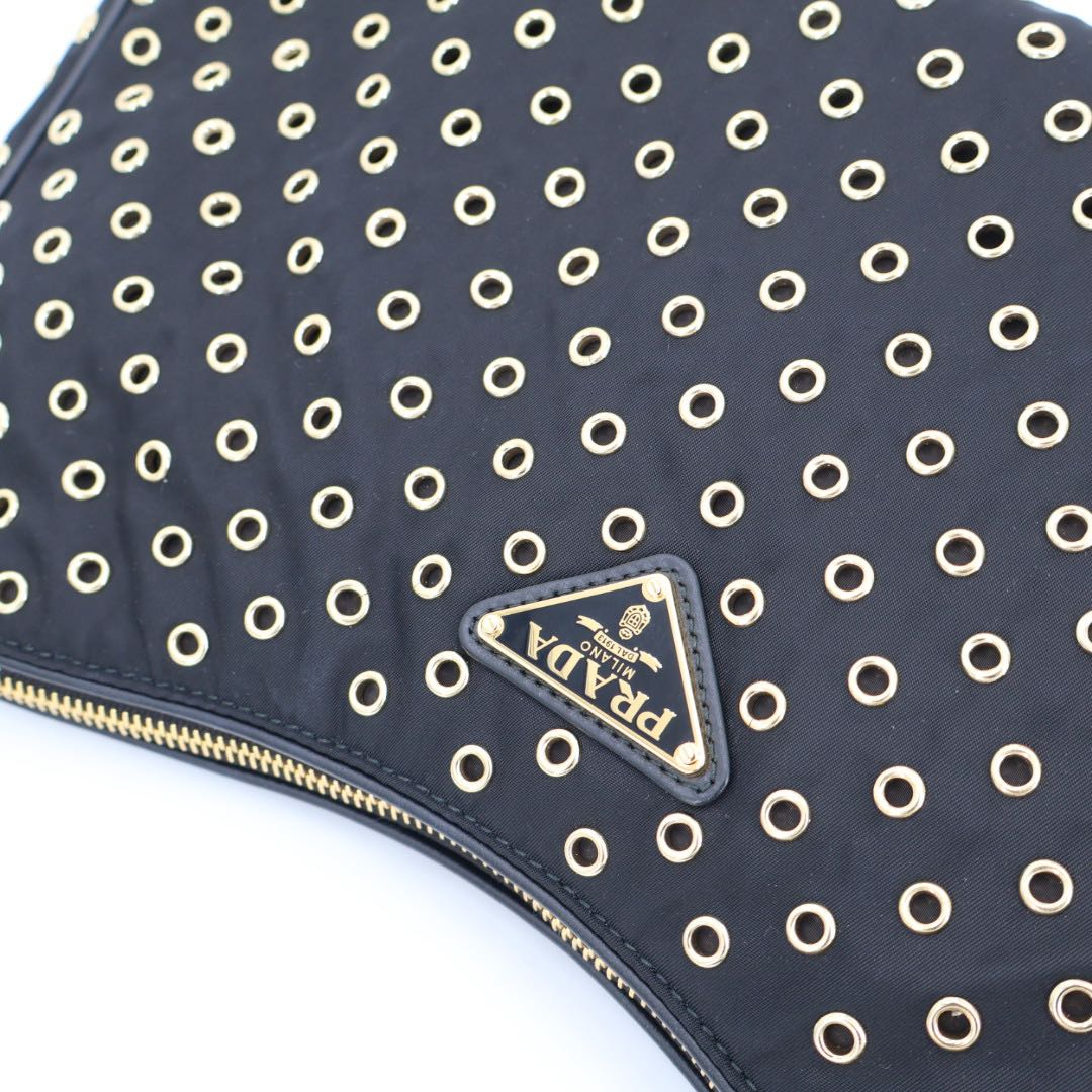Prada Eme Eyelet Detail Large Re-Nylon Recycled Nylon Black Shoulder Bag — view 5