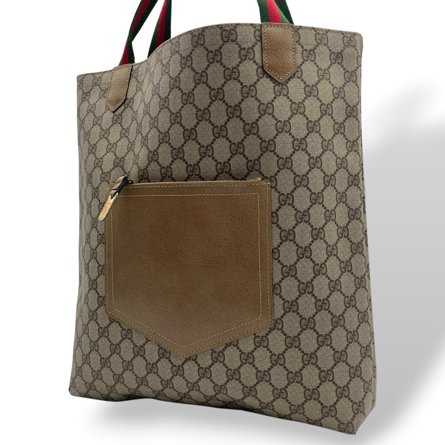 Gucci Vintage GG Supreme Plus Leather Tote Bag Sherry Line Vertical Beige Gray