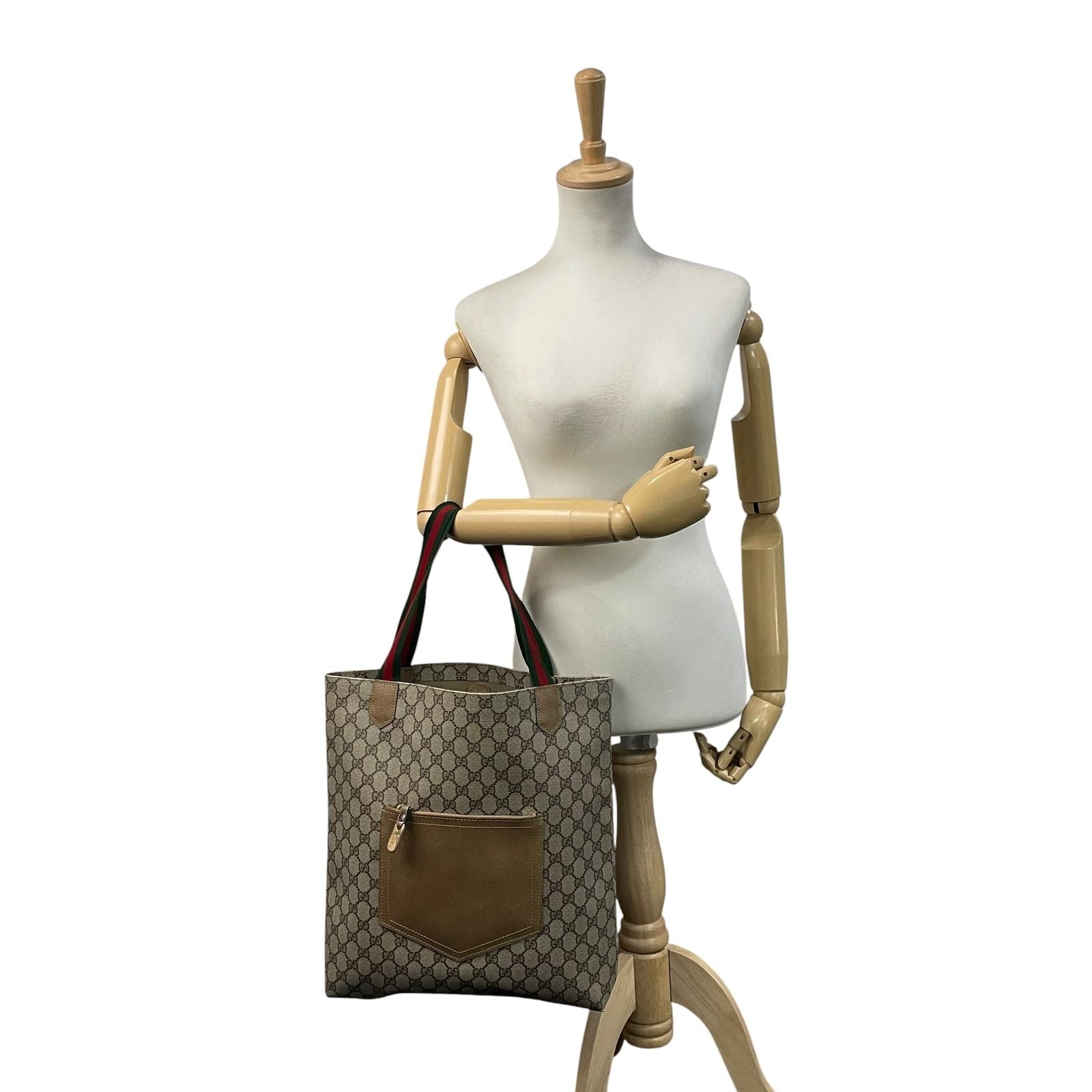 Gucci Vintage GG Supreme Plus Leather Tote Bag Sherry Line Vertical Beige Gray — view 4