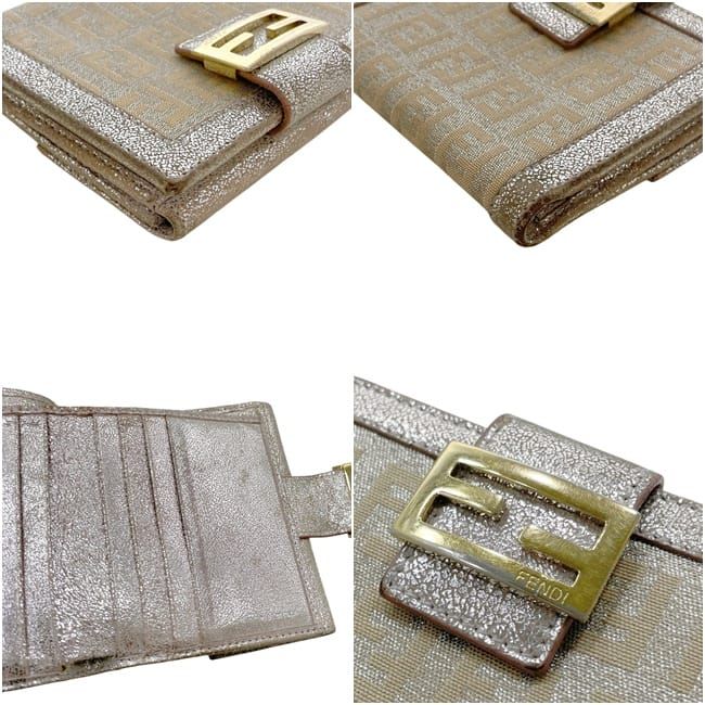 Fendi Bifold Wallet Zucchino FF Canvas Leather Beige Lame Metallic Pink — view 5