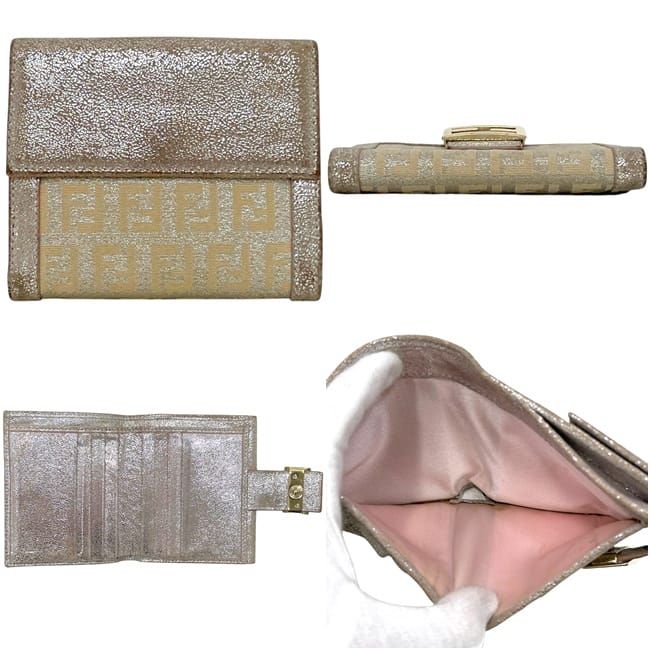 Fendi Bifold Wallet Zucchino FF Canvas Leather Beige Lame Metallic Pink — view 2