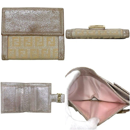 Fendi Bifold Wallet Zucchino FF Canvas Leather Beige Lame Metallic Pink — view 2