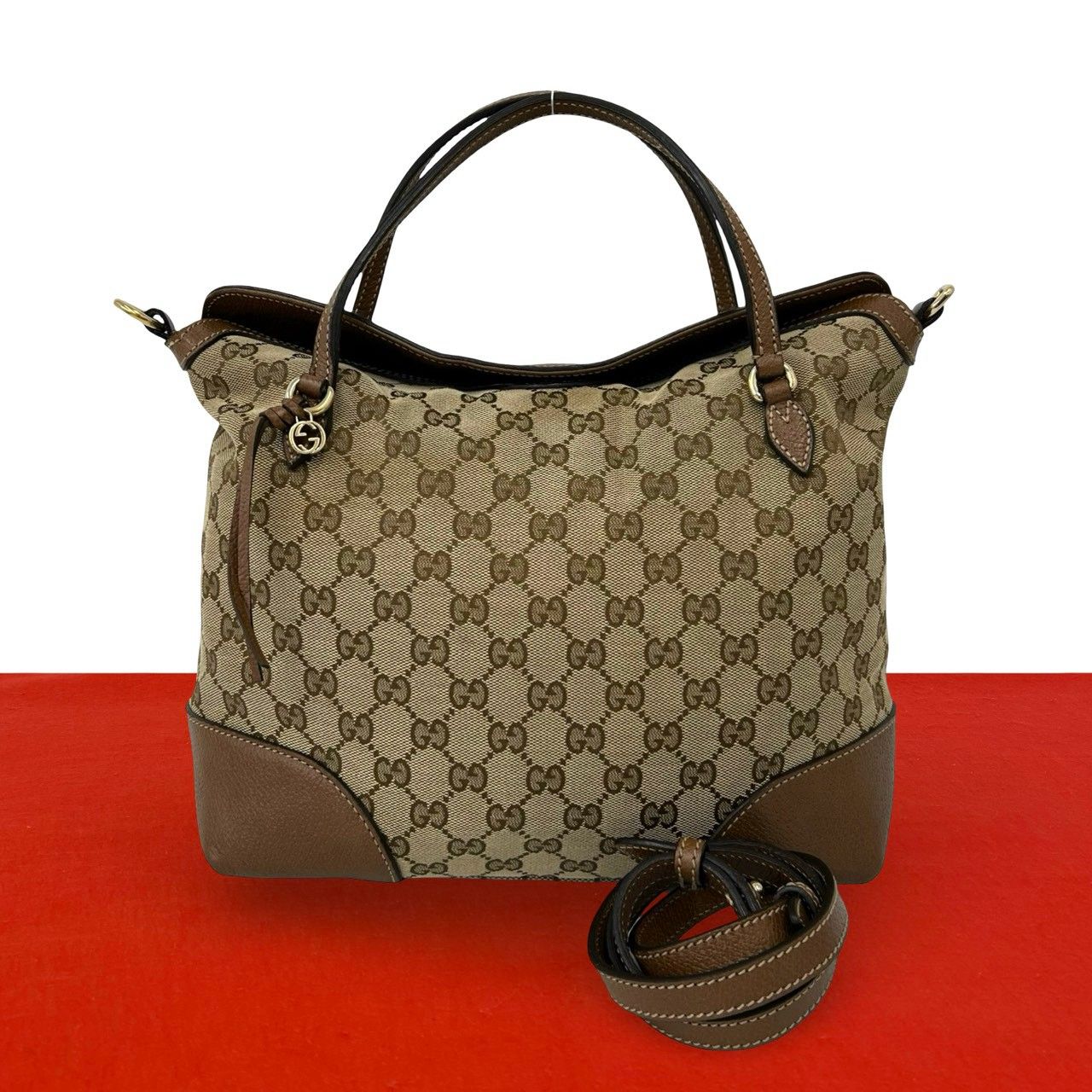 Gucci GG Pattern Canvas Leather 2-Way Shoulder Bag Tote Brown