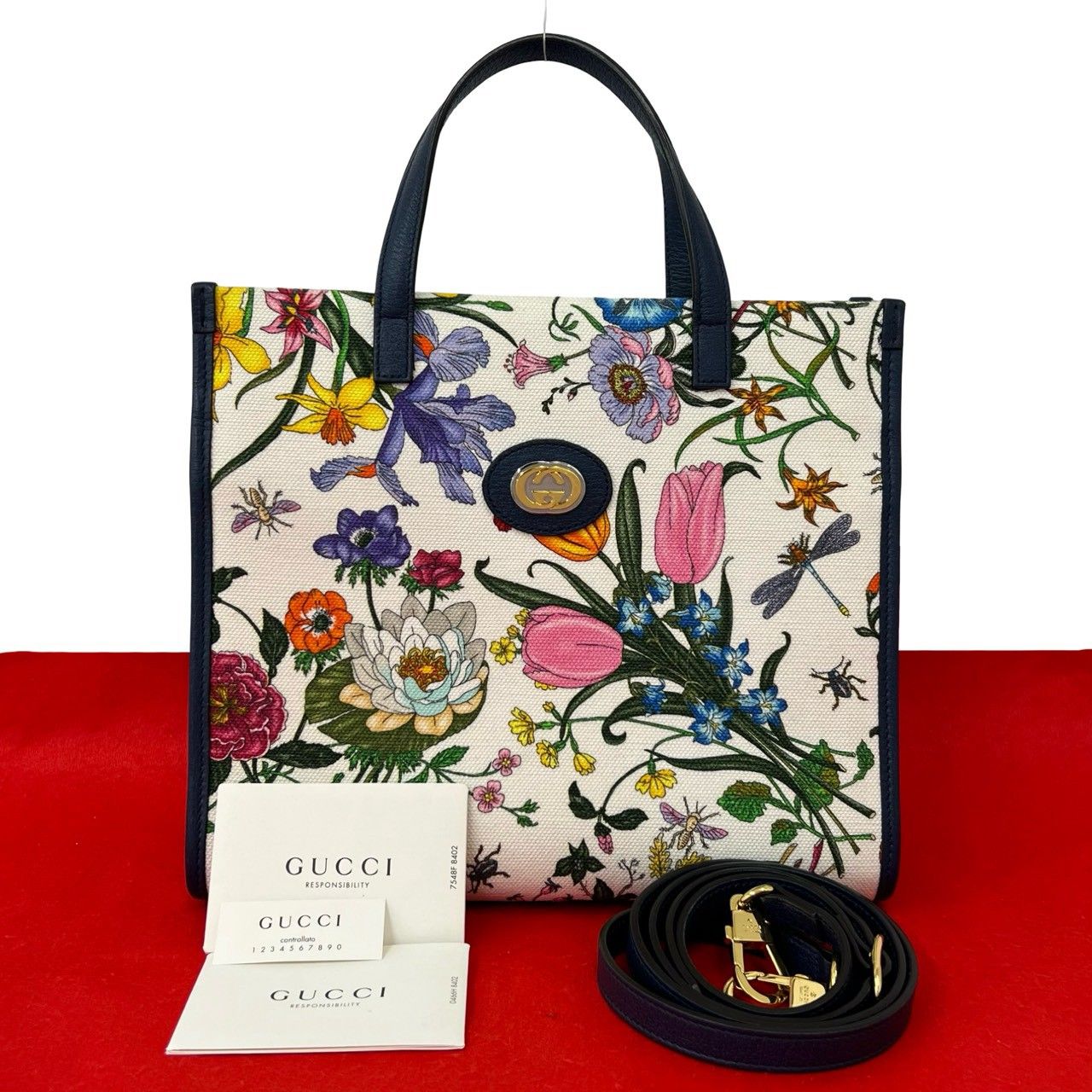 Gucci Flora GG Logo Canvas Leather 2-Way Shoulder Bag Navy Multicolor