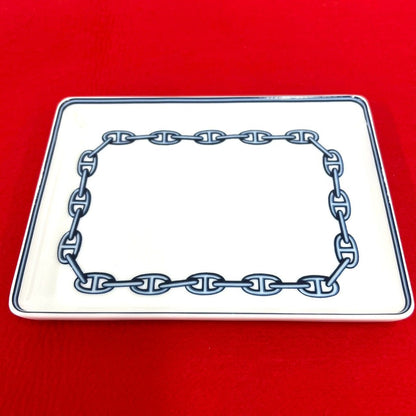 Hermes Chaine D'Ancre Pattern Plate Square Ceramic Case White Blue