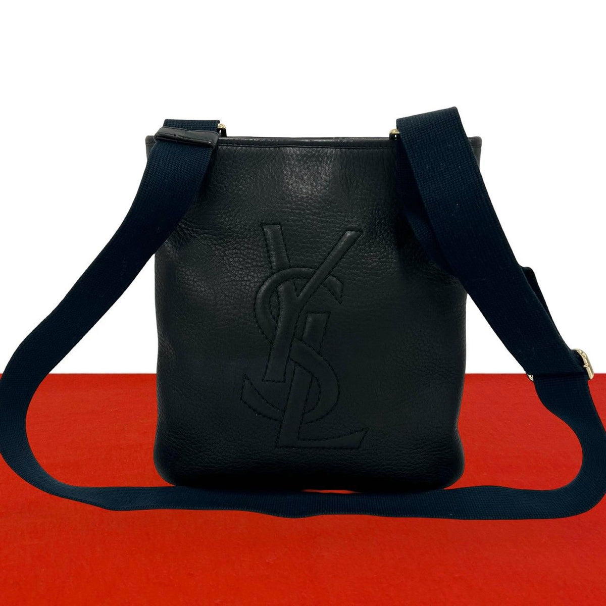 Saint Laurent YSL Logo Stitch Leather Shoulder Bag Crossbody Black