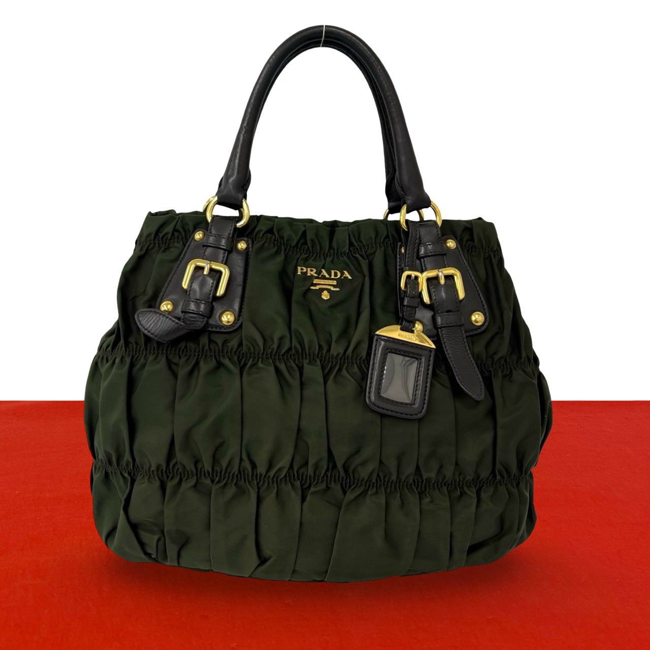Prada Logo Tessuto Gathered Nylon Leather Tote Bag Khaki Brown