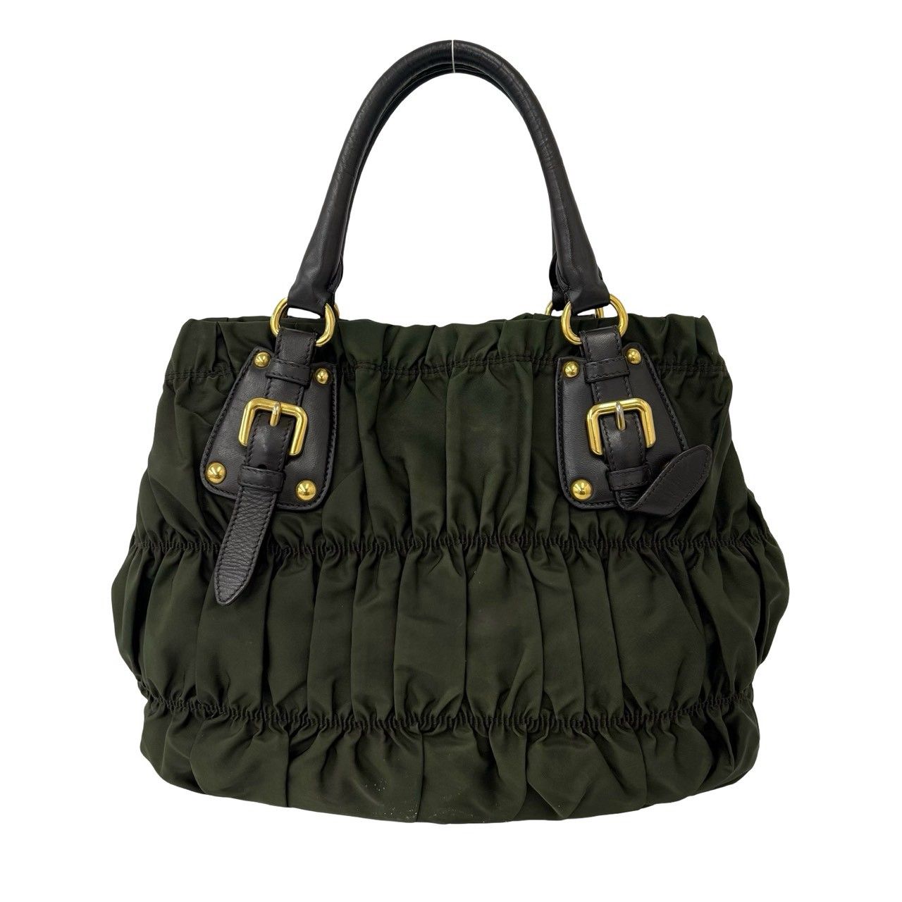 Prada Logo Tessuto Gathered Nylon Leather Tote Bag Khaki Brown — view 3