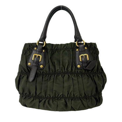 Prada Logo Tessuto Gathered Nylon Leather Tote Bag Khaki Brown — view 3