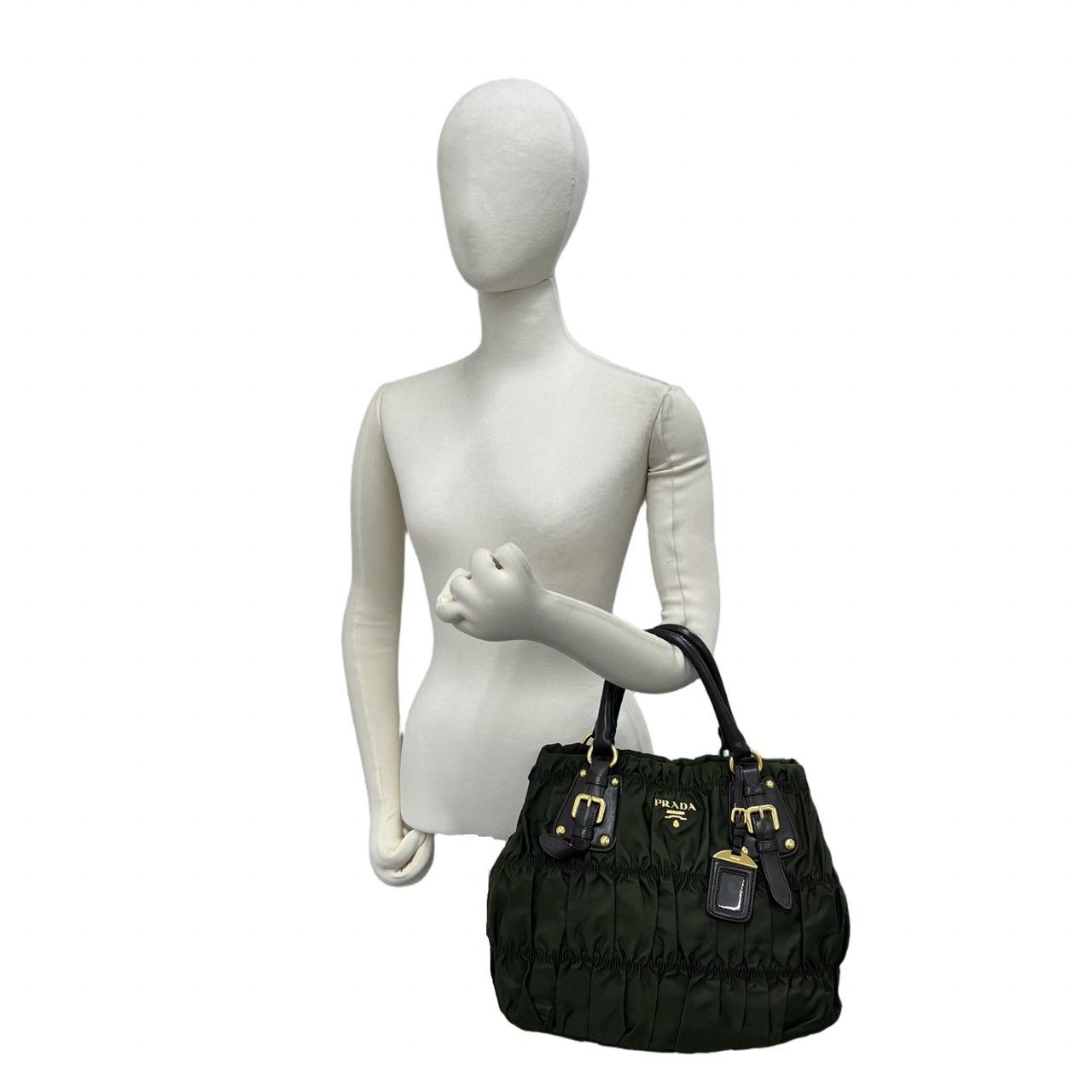 Prada Logo Tessuto Gathered Nylon Leather Tote Bag Khaki Brown — view 2
