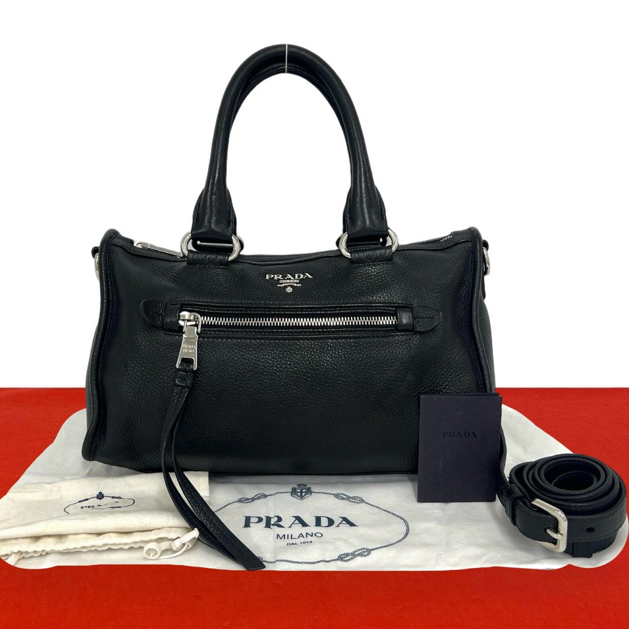 Prada Logo Leather 2-Way Mini Boston Bag Black