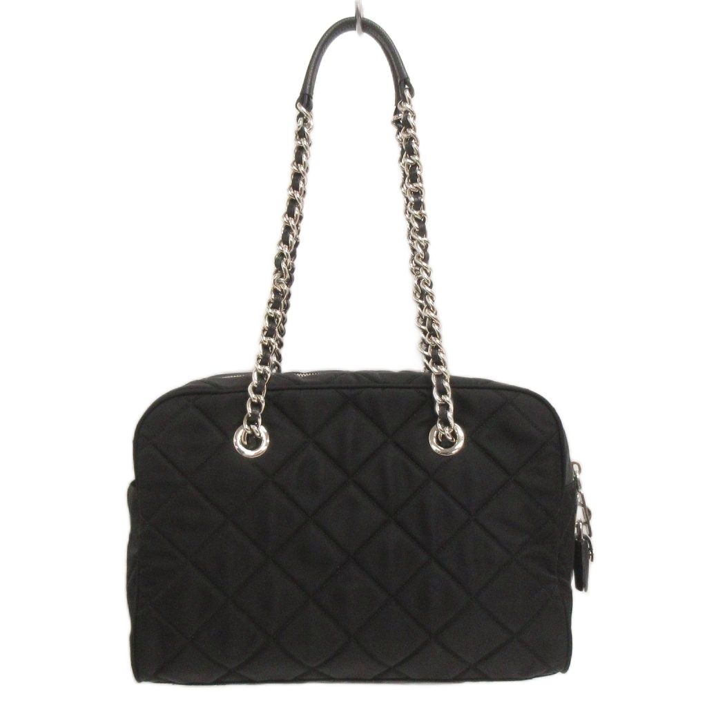 Prada Quilted Nylon Chain Shoulder Bag Tote Triangle Logo Black — view 3