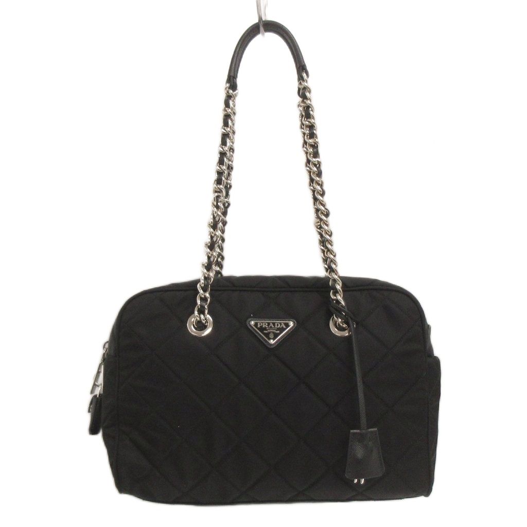Prada Quilted Nylon Chain Shoulder Bag Tote Triangle Logo Black