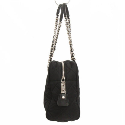 Prada Quilted Nylon Chain Shoulder Bag Tote Triangle Logo Black — view 2