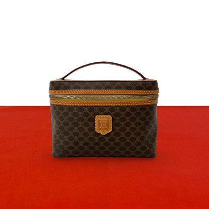 Celine Vintage Macadam Blason Pattern Leather Handbag Vanity Pouch Brown