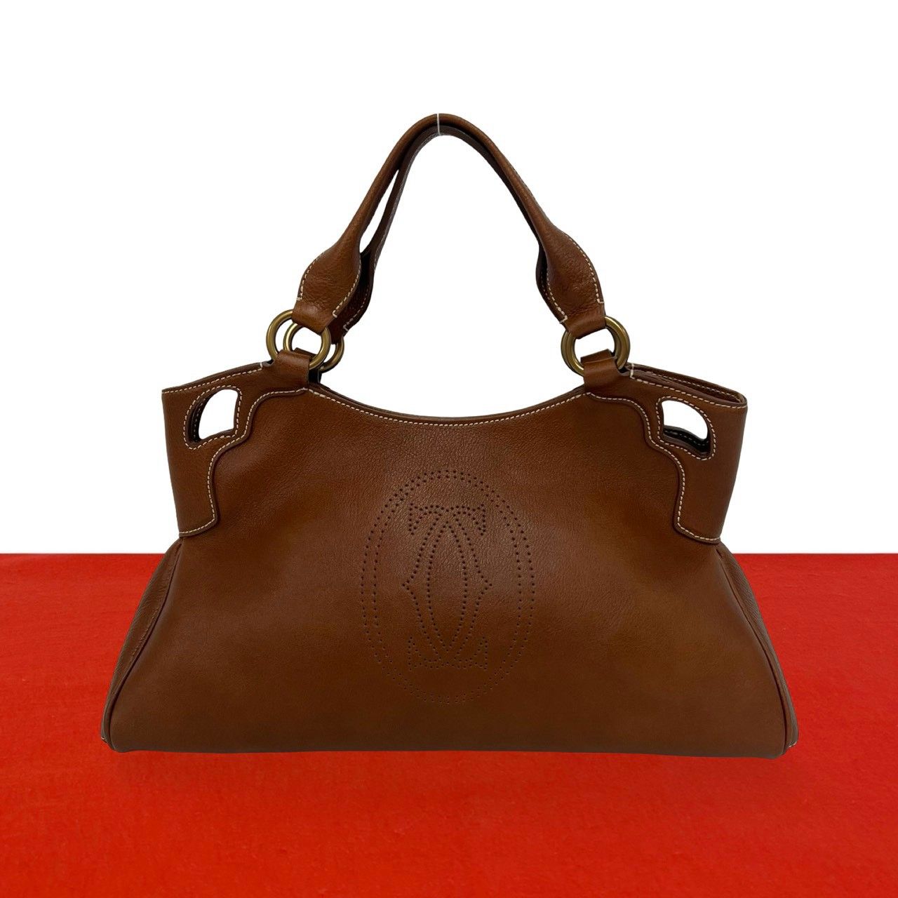 Cartier Marcello Perforated Leather Tote Mini Boston Bag Brown