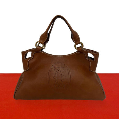 Cartier Marcello Perforated Leather Tote Mini Boston Bag Brown