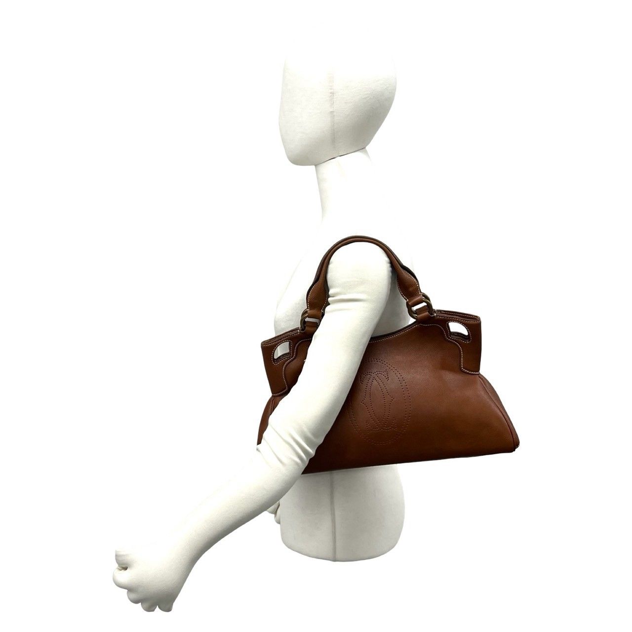 Cartier Marcello Perforated Leather Tote Mini Boston Bag Brown — view 2