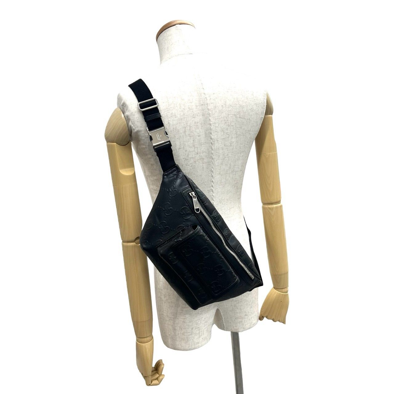 Gucci GG Pattern Embossed Perforated Leather Belt Bag Waist Pouch Black — view 2